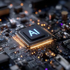Artificial intelligence chip glowing inside a futuristic motherboard, macro close-up, 16:9