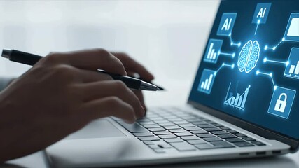 Hands Typing on Laptop with AI Brain Icon and Data Visualizations on Screen
