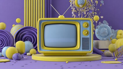 Wall Mural - Retro television in a vibrant, playful, 3D-rendered scene
