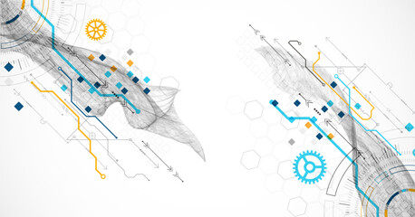 Wall Mural - abstract data background with wireframe wave and circuit lines. technology concept. vector