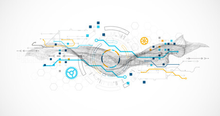 Wall Mural - abstract data background with wireframe wave and circuit lines. technology concept. vector