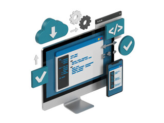 Software development and coding on computer with cloud and mobile phone isolated on transparent background for technology and internet