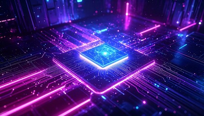 Futuristic blue abstract background with digital circuit pattern and binary code lines, representing a technology and computer network concept