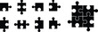 © SHOJEB - Puzzle pieces icon set, black silhouette, interlocking shapes, problem solving concept, completed puzzle grid, vector design, teamwork symbol, strategy