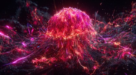 Wall Mural - Abstract vibrant sphere erupting in a chaotic display of flowing energy