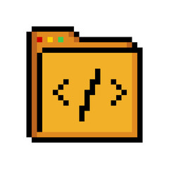 pixel art icon of web browser with coding symbol