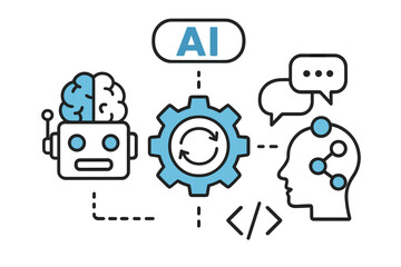 Artificial intelligence concept. AI icons, machine learning, automation, data science. Robot brain, neural network, chatbot communication, coding process. Tech vector line art.