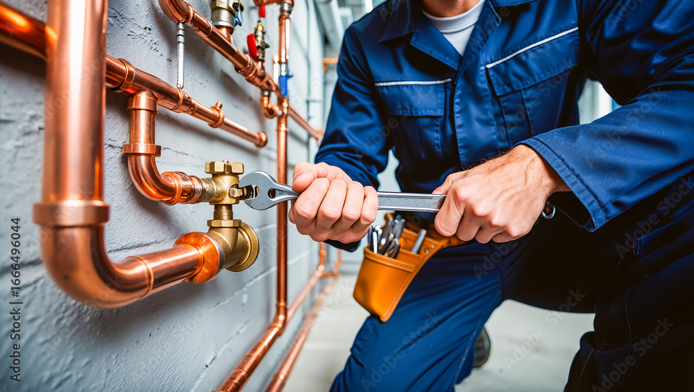 Professional Plumber or Technician in Blue Uniform Adjusting Copper Pipes with a Wrench, Maintenance or Installation on a Heating System