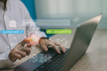 businessman using laptop with virtual interface for ai generating ideas with artificial intelligence