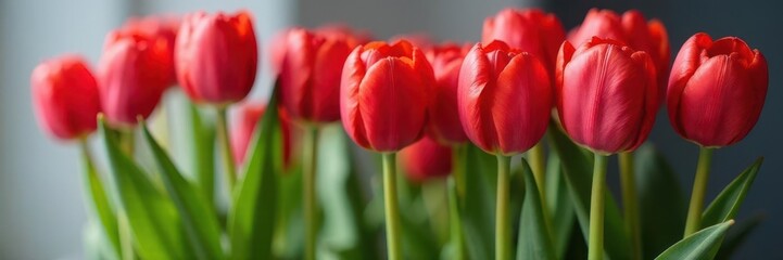 Wall Mural - A vibrant bouquet of classic red tulips, tightly arranged , floral, Dutch, scarlet