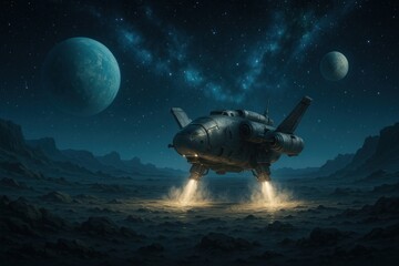 Wall Mural - Futuristic spacecraft landing alien landscape.
