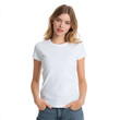 © Surachetsh - Against a bright white backdrop, a blonde woman models a blank white t-shirt, ideal for fashion templates and print-on-demand use.