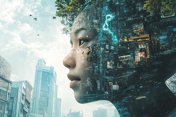 far future humanoid avatar in a digital world with surreal architecture