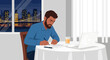© Hakim - Focused Man Working on Documents at Night with Cityscape View from Window, Illustration