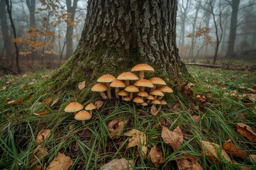 wild mushrooms sprouting near a tree in the woods during autumn