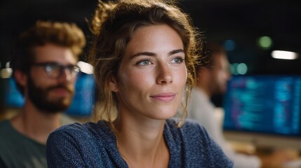 Focused Insight: A contemplative woman with a gentle smile in a tech-focused work environment. The warm tones of the room complement her focused, serene gaze.