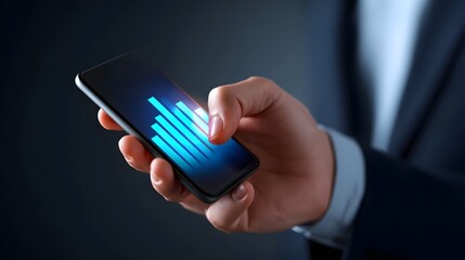 Wall Mural - a hand holding a sleek, modern smartphone with a glowing blue display.