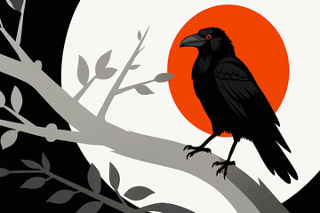 crow sitting on a branch with a red moon background. ai