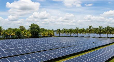 Solar panel farm generating renewable energy with clean technology in a rural landscape under blue sky