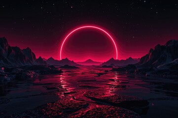 Wall Mural - futuristic neon-themed abstract design featuring a central large element and cosmic backdrop