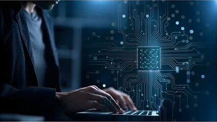 Professional working on futuristic technology with glowing circuit board visualization