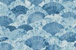 © VRVisionary - Seamless pattern featuring hand-painted watercolor blue art deco fish scale fractal semicircles and floral oriental fan design