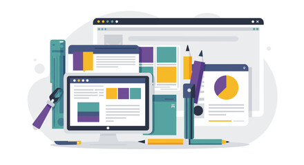 Modern flat design workspace with digital devices and stationery