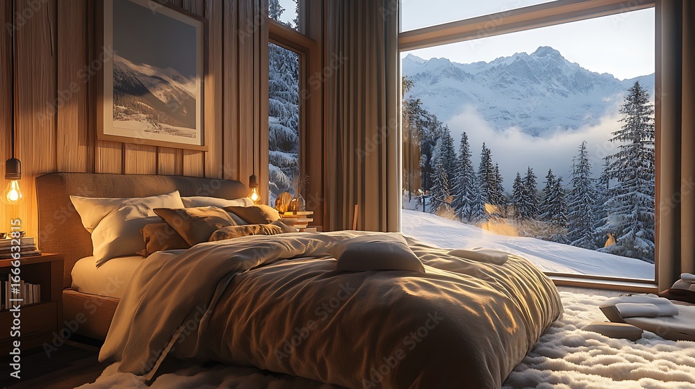 Winter bedroom retreat cozy interior design mountain view chalet cabin ...