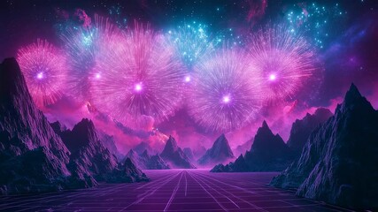 A futuristic landscape with mountains, a grid road, and vibrant fireworks exploding in a pink and blue sky.