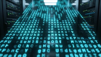 Blue Binary Code Overlay in Dark Server Room Data Center Technology Concept