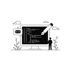 Programmer working on digital code on a computer screen with a giant pencil and seo indicator
