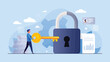 © Nurtaz - Digital security concept A person with a key unlocks a padlock, representing data protection, privacy, and secure access management solutions