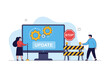 © Habib - System update in progress with stop sign and caution barriers, people working on technology