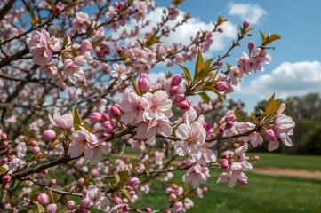 Canvas Print - pink almond blossoms on tree branches in a garden setting