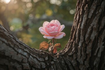 Canvas Print - a fresh pink rose blossoming on a woody stem.