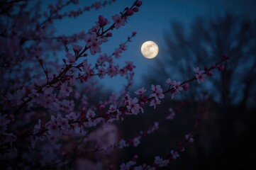 Canvas Print - a breathtaking evening scene featuring blooming cherry trees under a glowing full moon.