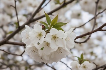 Canvas Print - a blooming prunus serrulata-kanzan branch against a natural backdrop, showcasing white flowers, leav
