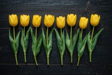 Canvas Print - yellow spring tulips arranged in a line on a dark wooden surface. overhead view with space for text.