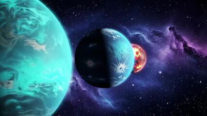 Wall Mural - Cosmic vista with three celestial bodies against a starry nebula backg
