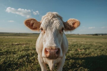 Wall Mural - close-up of a bovine face with a grassy field and blue sky behind, summer scene, solitary, natural s