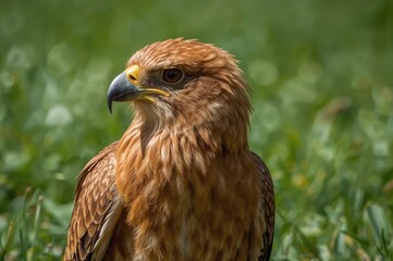 Wall Mural - orange fierce griffin bird against a lush green backdrop on a bright sunny day, detailed feathers vi