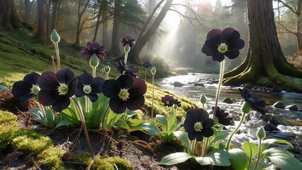 Wall Mural - unique cinematic 4k video stock scene showing rare black wildflowers blooming near mossy stream sunlit forest background tranquil peaceful natural atmosphere perfect for creative artistic visual
