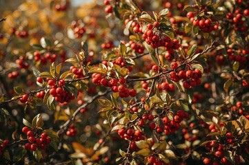 Wall Mural - close-up of shrub twigs adorned with crimson berries, capturing the essence of seasonal beauty
