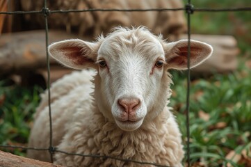 Wall Mural - detailed view of a lovely sheep's face behind bars
