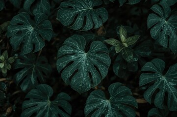 Wall Mural - close-up view of lush green tropical foliage with abstract backdrop, nature theme, moody lighting.
