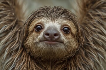 Wall Mural - adorable expression of a juvenile three-toed sloth in its natural habitat