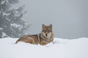 Wall Mural - snowy pause of a wild coyote