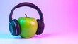 © Fawitra - Modern Style Green Apple Wearing Headphones for Listening Music Still Life