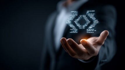 Businessman displaying coding symbol over outstretched hand