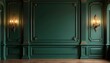 © Vadym - Luxurious green room interior with classic wall panels, golden accents. Features ornate sconces with warm lighting. Empty space perfect for product mockups, advertising, scene staging. Modern luxury